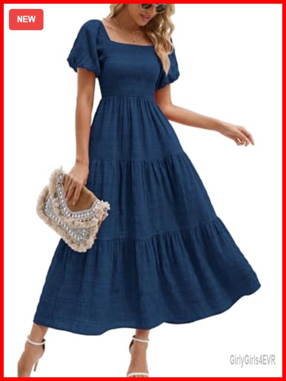 PRETTYGARDEN Womens Puff Short Sleeve Maxi Dress Square Neck A-Line Flowy